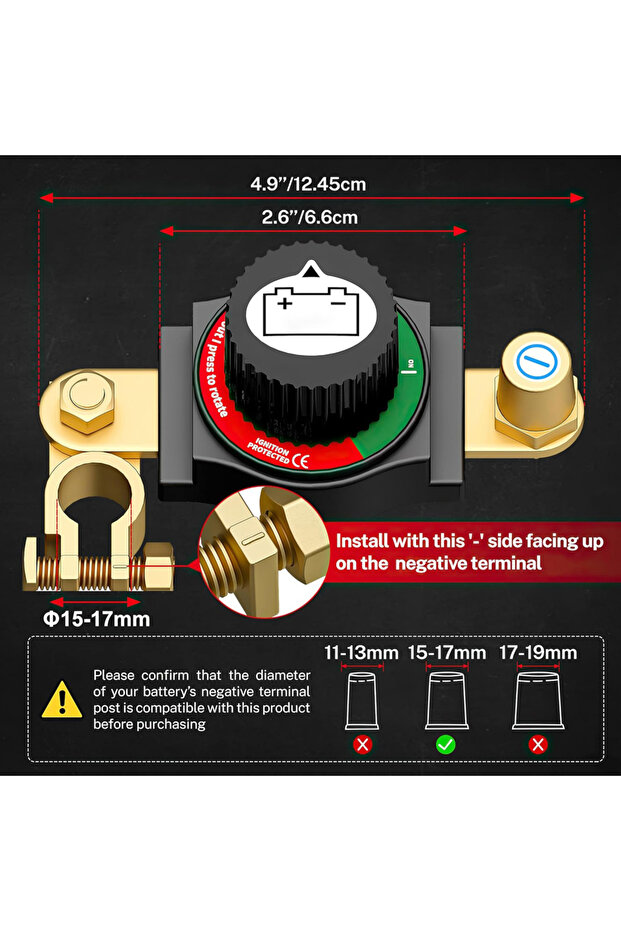 15-17mm 300A Car Battery Disconnect Switch Top Post Battery Disconnect Switch 12V-48V Battery Cut/Sh