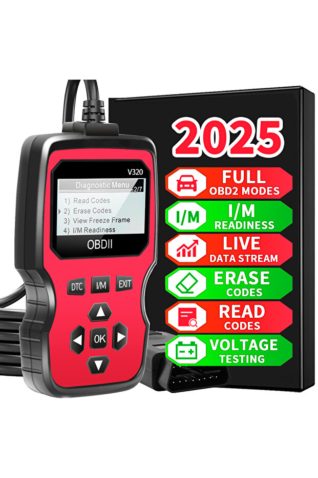 أداة تشخيص OBD2 حمراء اللون - قارئ رموز أعطال المحرك، مع تدفق بيانات فوري، واختبار البطارية - 1