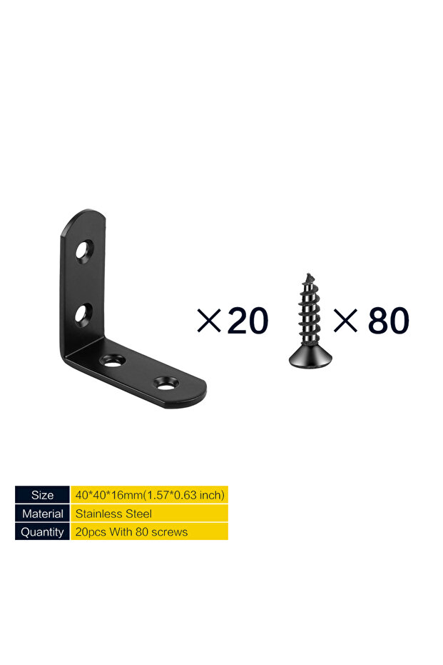 20pcs-80screws 6-20 Pcs L Bracket Stainless Steel Corner Brace, Black, 1.57 x 1.57 inch Right Angle