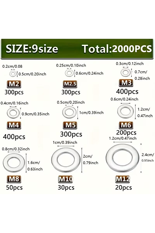 2000pcs box 2000pcs 304 Stainless Steel Flat Washers - Metric M2-M12, Heavy-Duty Polished, Corrosion