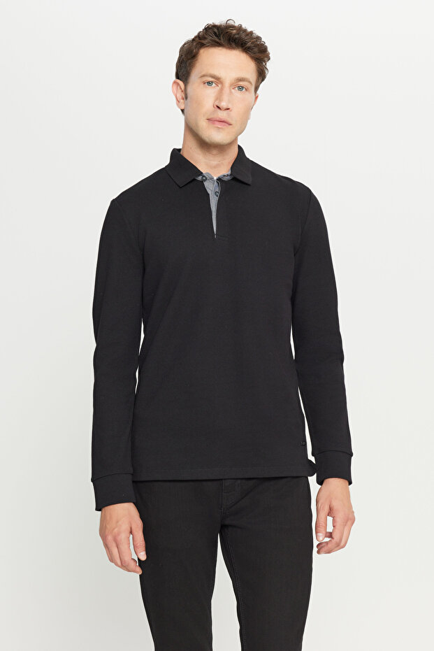 Men's Black 100% Cotton Slim Fit Slim Fit Polo Neck Long Sleeve T-Shirt