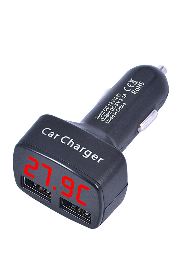 شاحن سيارة 4 في 1، هيكل أسود وشاشة LCD حمراء، شحن سريع 3.1 أمبير، منفذي USB، شاشة LCD لعرض درجة الحرارة والجهد