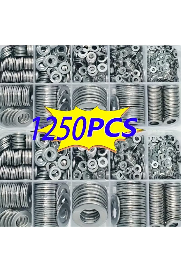صندوق يحتوي على 1250 قطعة من حلقات التثبيت المسطحة المتنوعة (M2 M2.5 M3 M4 M5 M6 M8 M10 M12) للاستخدام المنزلي