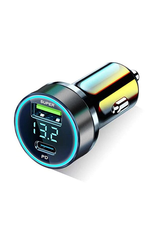 شاحن سيارة أسود بقوة 120 واط بمنفذ USB من النوع C، شحن سريع، محول هاتف، شاشة رقمية LED، ولاعة سجائر