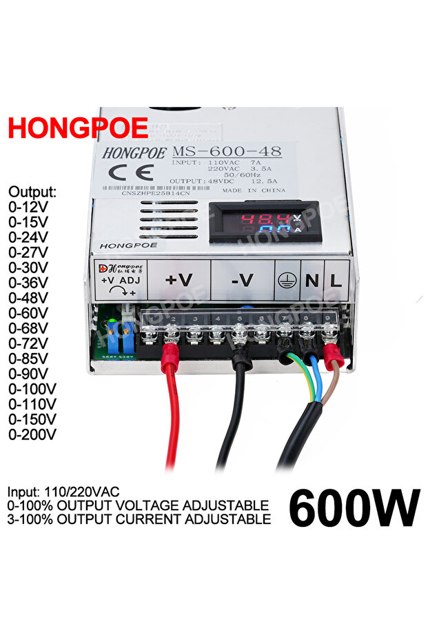 600W 0-200VDC 100-120V/200-240V Digital Display 600W Adjustable Power Supply 0-12V 15V 24V 27V 30V 3