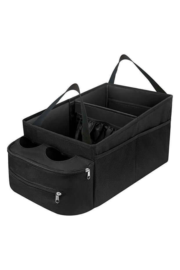 منظم مقعد السيارة الأسود، حقيبة تخزين خلفية قابلة للطي مع مقبض، منظم مقعد الراكب مانع للانزلاق