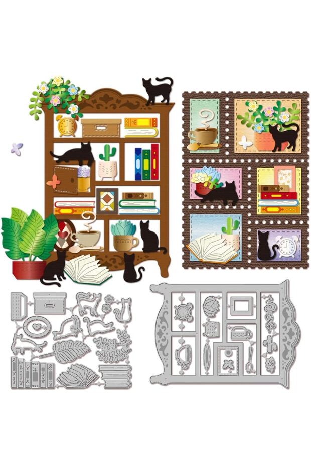AECH08-06174 Bookshelf Cutting Dies for DIY Scrapbooking Metal Cabinet Cat Cut Dies Flowers Coffee C