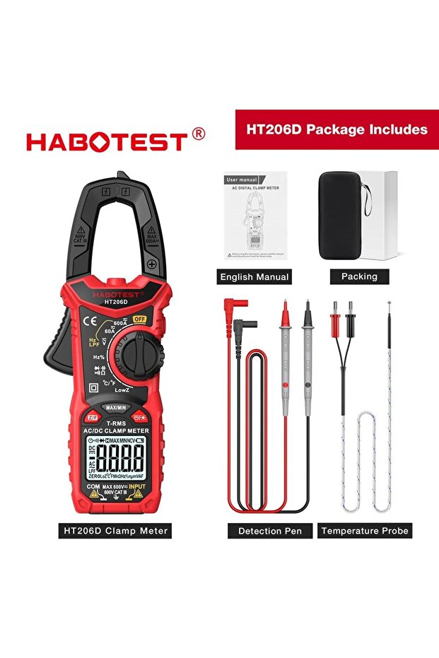 مقياس التيار الرقمي HT206D من هابوتست HT206A/HT206B/HT206D، مقياس التيار المستمر/المتردد 600 أمبير، مقياس متعدد، مقياس أمبير، مقياس فولتا
