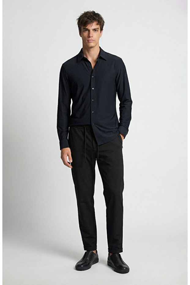 Siyah Uzun Kollu Teknik Örme Gömlek - 2