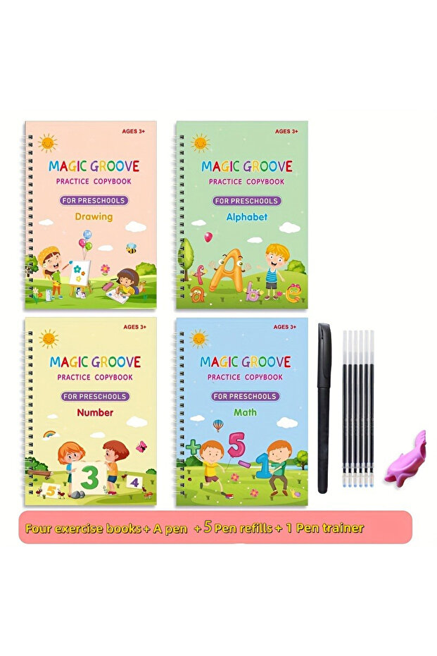 4 كتب مع قلم، 4 قطع/مجموعة، دفتر نسخ ثلاثي الأبعاد قابل لإعادة الاستخدام للأطفال لتعلم الخط والأرقام والكتابة اليدوية