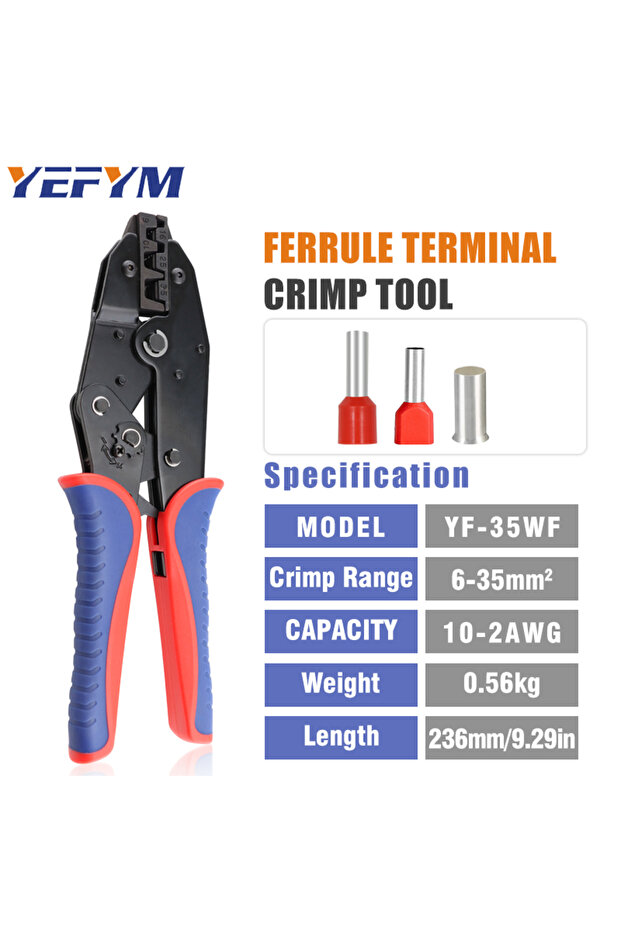 YF-35WF Crimping Tool for Sleeves Ferrule Terminals - Ratcheting Wire Crimpers - AWG 10-2 (6-35mm²)