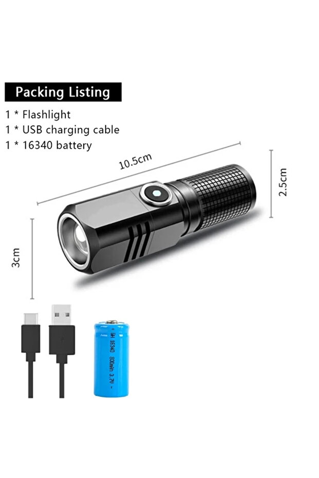 مصباح يدوي قصير مع بطارية LED صغير فائق السطوع قابل لإعادة الشحن عبر USB مصباح يدوي تكتيكي تكبير 3 أضواء