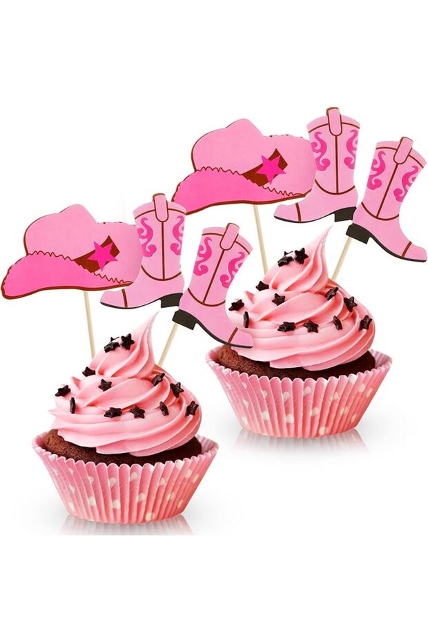 24pcs Light Brown 24Pcs Cowboy Hat & Boots Cupcake Toppers, Western Birthday Cake Decorations, Party