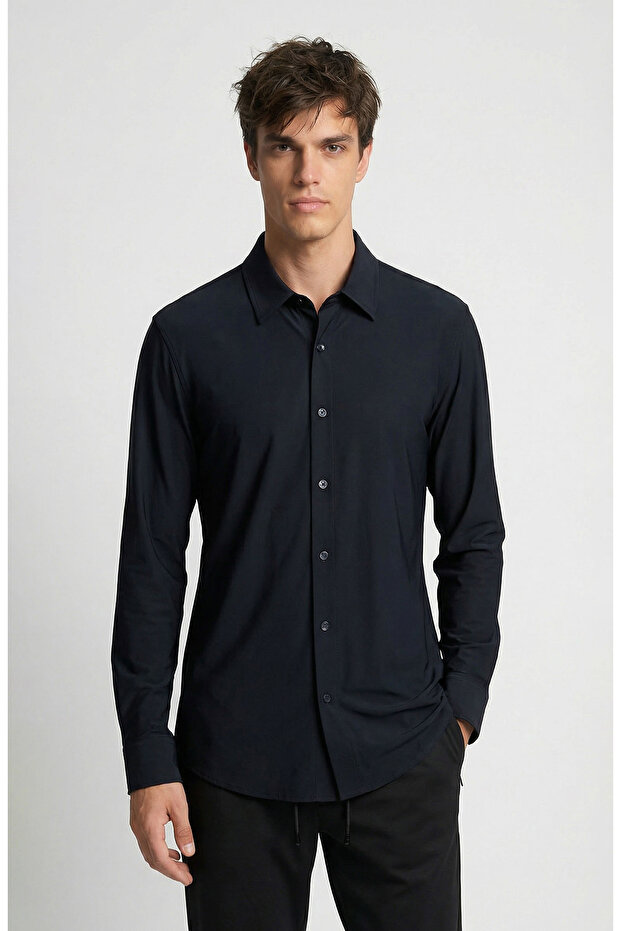 Siyah Uzun Kollu Teknik Örme Gömlek - 1