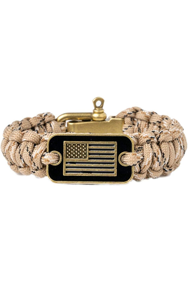 Desert Camo Paracord Bracelet Tactical Survival Bracelet for Men with Bronze USA Flag Adjustable Siz