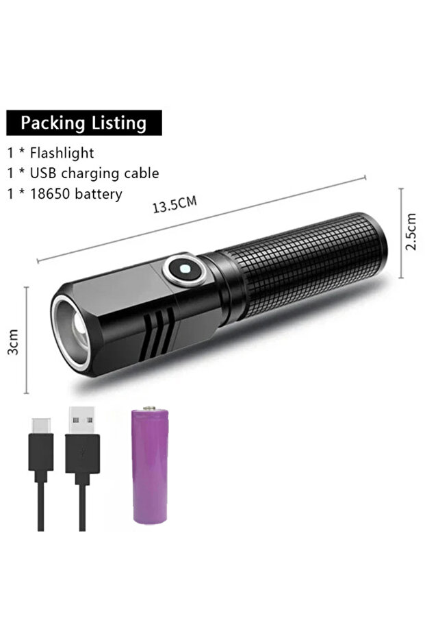 مصباح يدوي LED صغير فائق السطوع مع بطارية قابلة لإعادة الشحن عبر USB مصباح يدوي تكتيكي تكبير 3 مصابيح