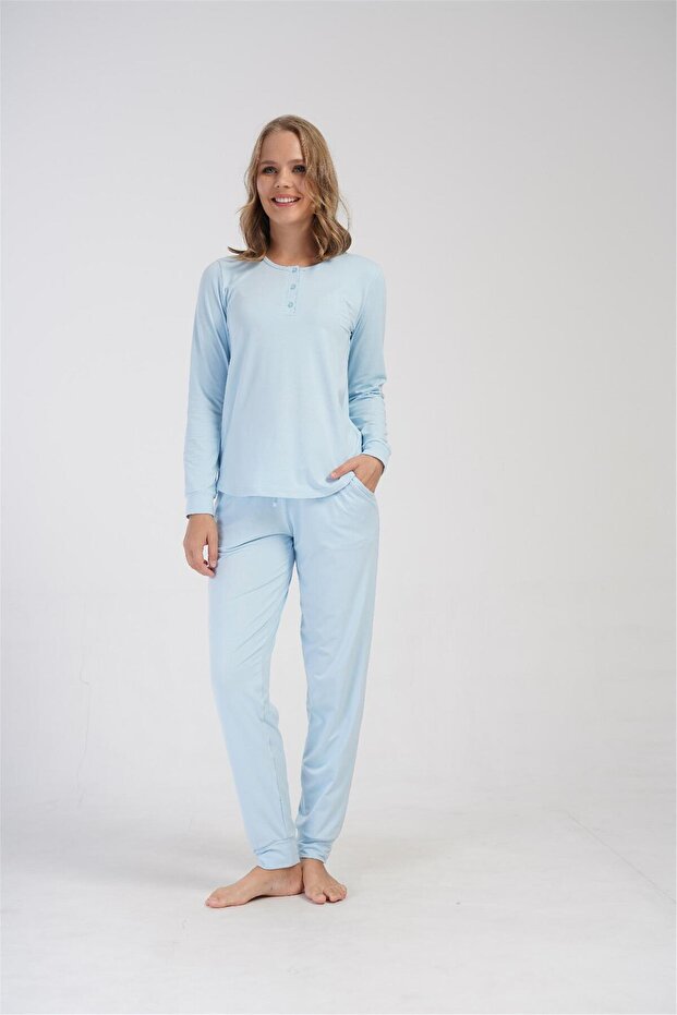 Women's Blue Cuffed Pockets Pajama Bottoms