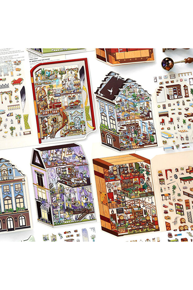 full set Kawaii precious scroll 3D Flower Pavilion Landscape Sticker DIY Pocket Cabin Scene festiv
