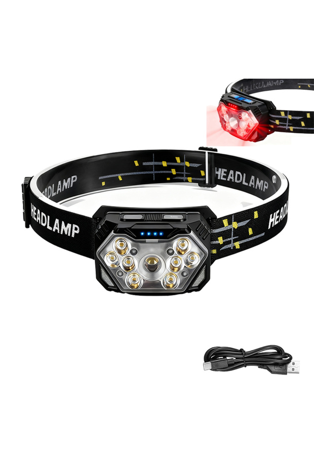 مصباح رأس هايناست LED قوي مزود بمستشعر، قابل لإعادة الشحن عبر منفذ USB، مصباح رأس LED للتخييم والبحث