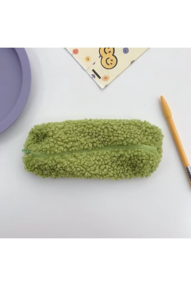 Green 1Pcs Lambswool Pencil Case Pen Pouch Plush Kawaii Zipper Bags Cosmetic Make Up Organizer Pouch