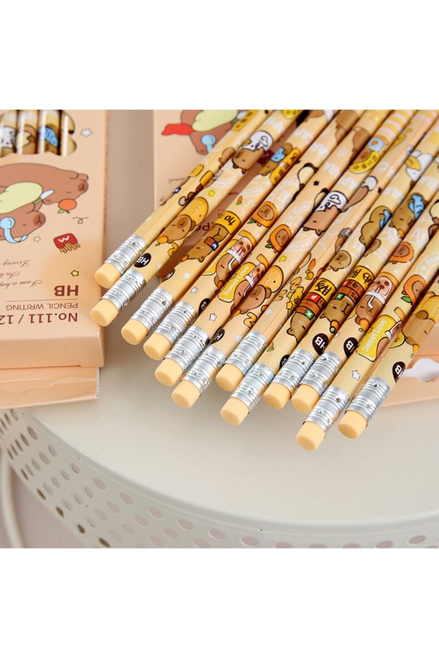 12Pcs-1box Capibala Pencils with Erasers Cute People Writing Pencils Cartoon Animals Wooden Pencils