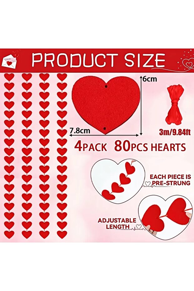 20PCS-1 string Red 20-160pcs Red Hearts Felt Garland Valentines Day Heart Hanging String Garland for