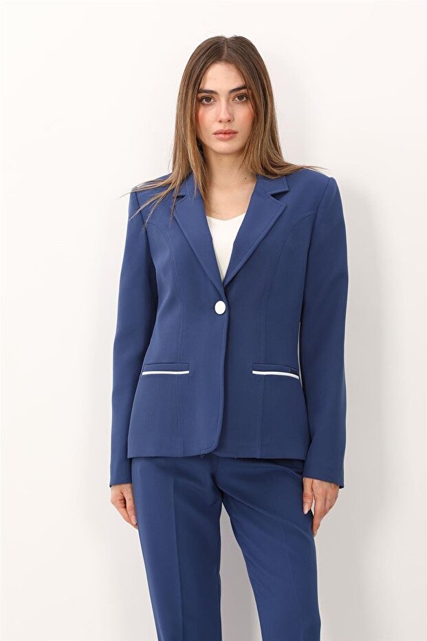 Garnili Single Button Classic Women's Jacket-Indigo - 1186100