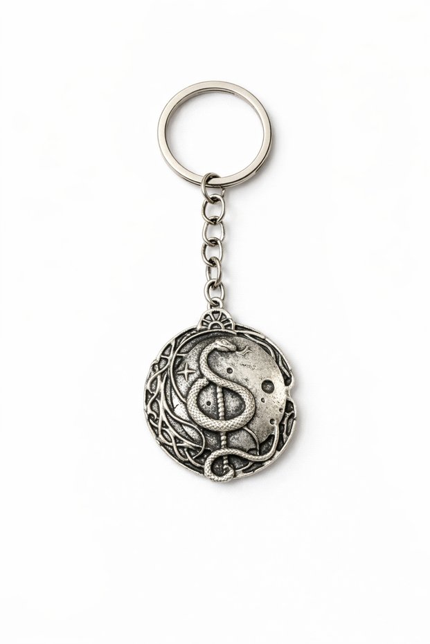 Round Symbolic Metal Design Keychain with Snake Figure