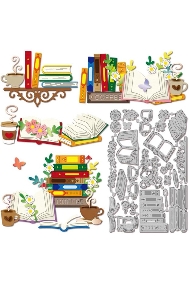 AECH011-02978 Books Flowers Cutting Dies for DIY Scrapbooking Metal Coffee Cut Dies Die Cuts for Car