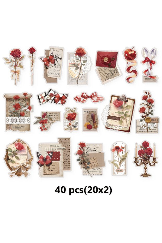 40 Pieces Etori Life Red Enchanting Rose Red Love Letter Vintage Journal Pattern Stickers for Scrapb