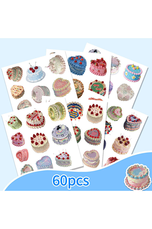 60 Pieces of Retro Cream Cake Stickers, Colorful Dessert Designs, Suitable for Journals, Scrapboo...