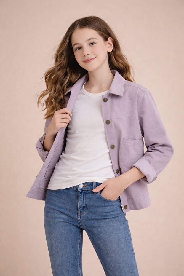Pink Girl's Gabardine Fabric Jacket with Button Detail on the Back 23569