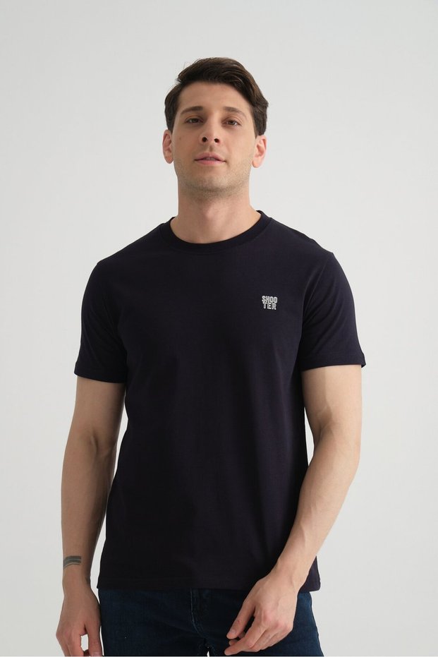 Navy Blue Flexible Cotton Standard Fit Men's T-Shirt with Minimal Logo