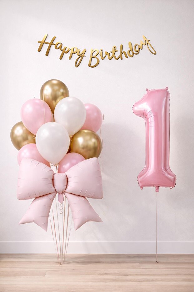Pink Bow 1 Year Old Birthday Balloon Set