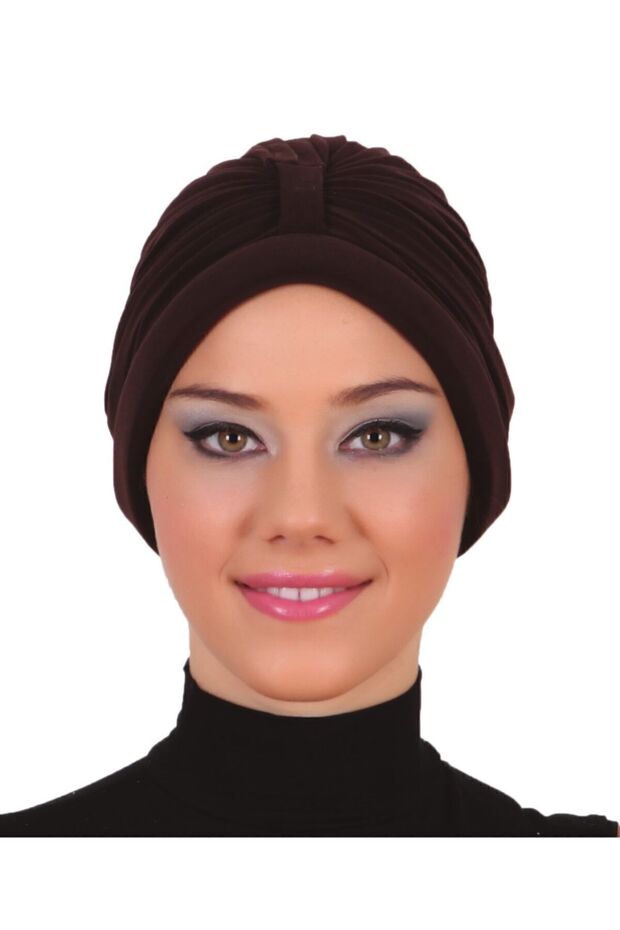 Ribbed Brown Instant Turban Hijab with Band (with Band on Front and Back) Suitable for Medical Use