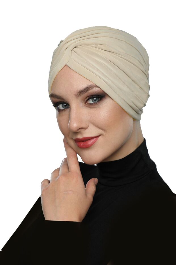 Cross W Ribbed Bandage Sand Beige Ready-To-Wear Turban Hijab Pool Cap Suitable for Medical Use