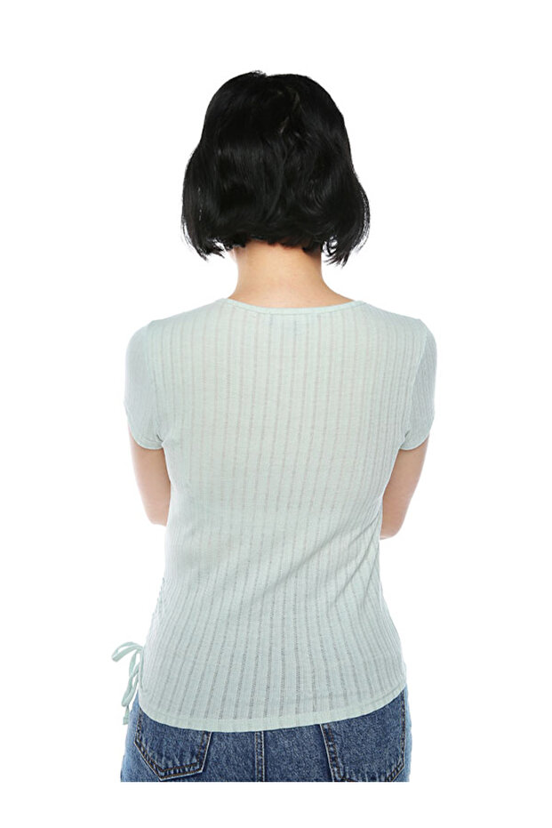Women Green Solid Rib Knit Wrap Top