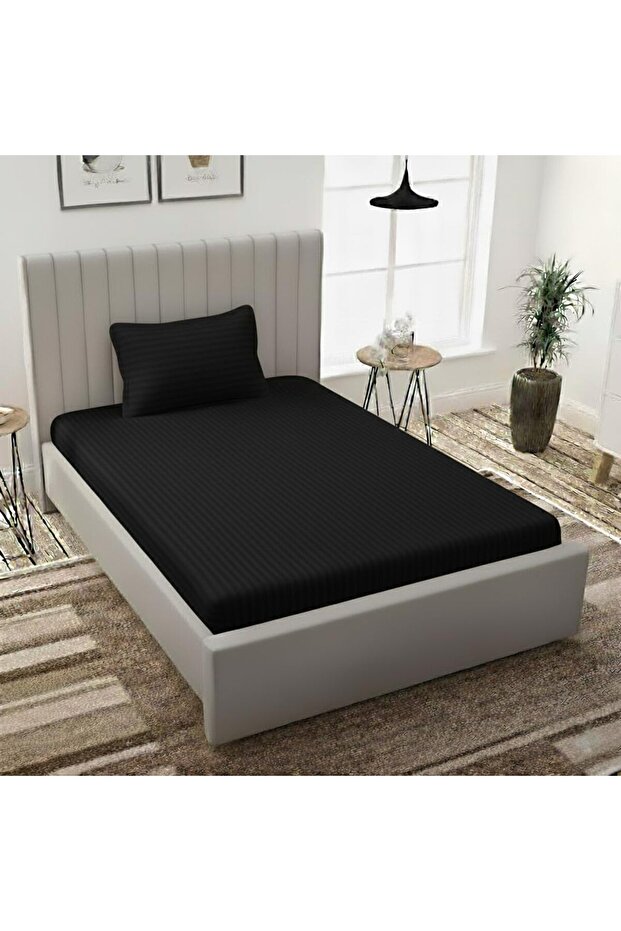 Single Bed Sheet Set 160×240cm with 1 Pillowcase 50×75cm 100% Microfiber Sateen Stripe Flat Sheet