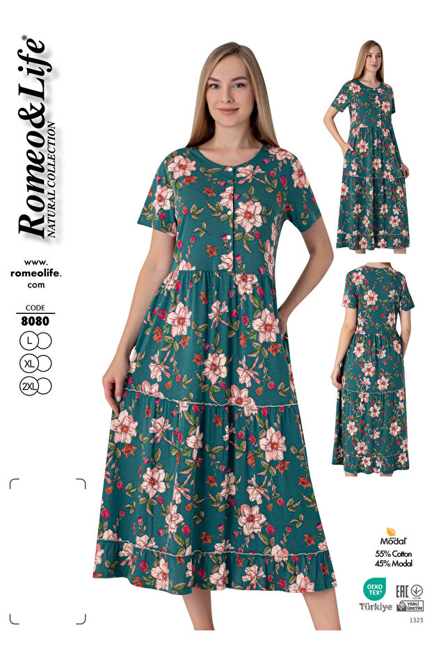 Women's Cotton Modal Fabric Button Detail Patterned Chic Dress 8080