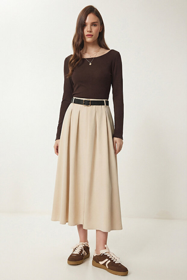Belted Slit Midi Woven Skirt Lby0046 Cream