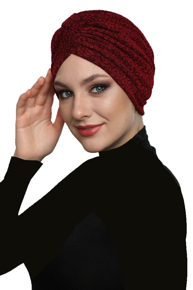 Brocade Banded Burgundy Lined Ready-To-Wear Turban Hijab Medical Use Suitable