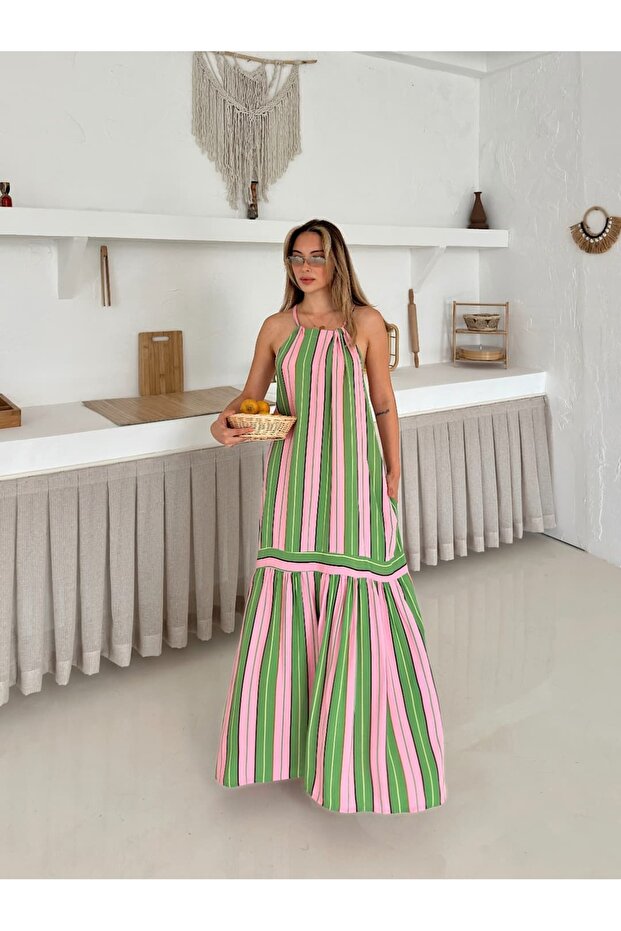 Rochie lungă din bumbac cu guler halter și dungi - 4