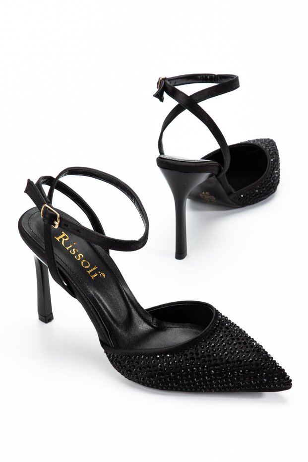 Women's Black Rhinestone Ankle Tie-Detail Evening Heeled Shoes