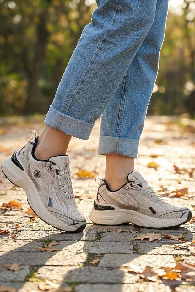 Women's Beige Sneaker - Casual Sports Shoes with Bronze Detail and Thick Sole