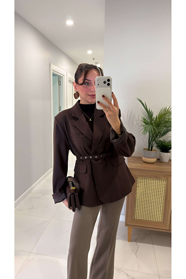 Farrah Brown Belted Blazer Jacket - 4