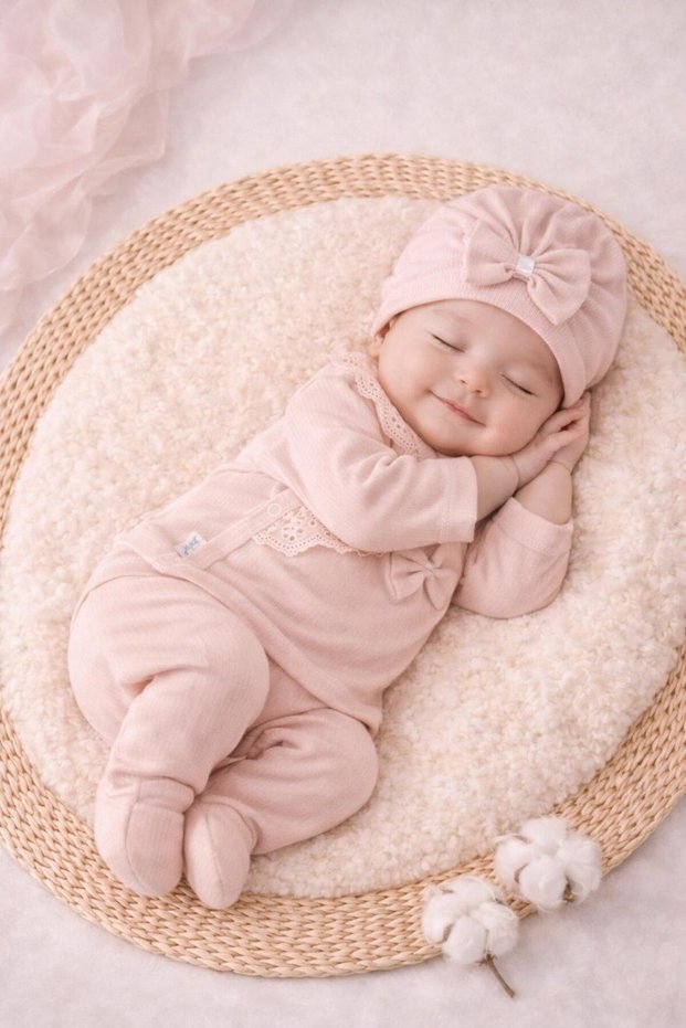Scalloped Bowknot Natural Luxury 100% Cotton Newborn Baby Girl 5-Piece Hospital Discharge Bodysuit Set