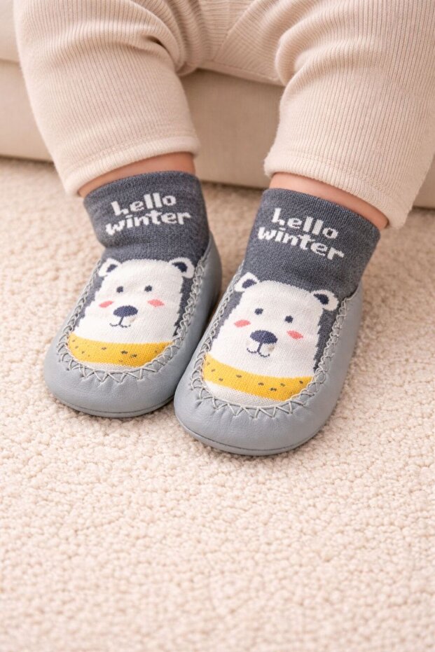 Çarık Socks, Genuine Leather, Baby Kids Booties, Non-Slip Sole