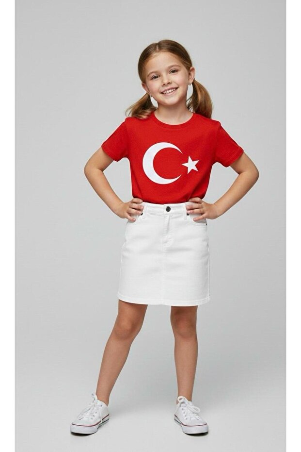 Girl's Ayyildiz Flag Printed T-Shirt and Linen Skirt Set 23 April-Special Holidays