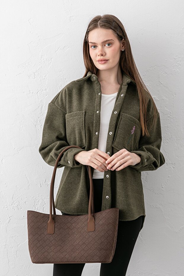 Terra Touch Knitted Patterned Soft Suede Textured Bitter Brown Women's Shopper Shoulder Bag with Makeup Bag