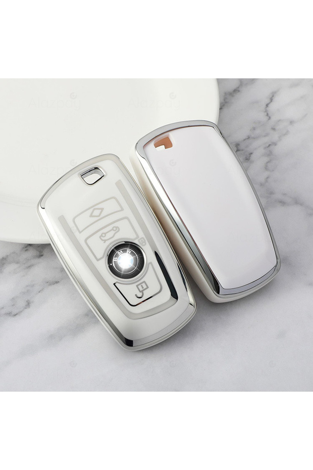 Bmw Compatible 1, 3, 5, 7 Series, F30, F25, F20, F18, F16, F15, F10, X1, X3, X4, X5 Silver Edge Tpu Key Case Cover (White)